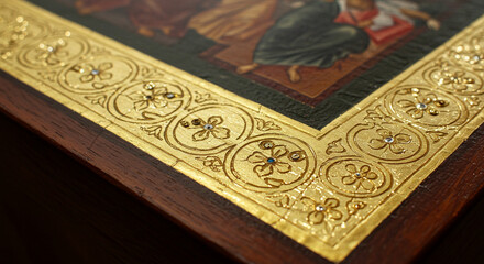 Fototapeta premium Gold leaf ornate border of religious icon art with floral design and jewel embellishments close up view
