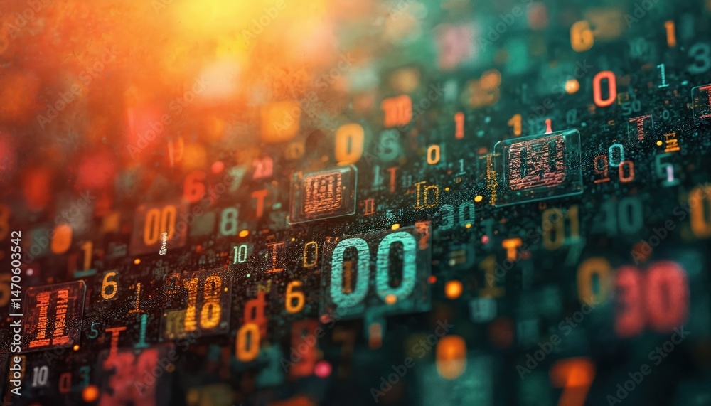Leinwandbilder close-up of digital artwork with numbers symbols, bright colors. abstract tech art, data, binary cod