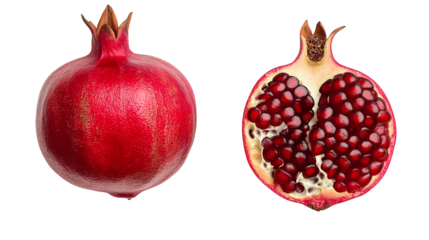 A whole pomegranate has a round shape with a crown-like top, while  halved pieces reveal clusters of glistening ruby-red seeds packed inside white pith isolated on white background or transparent png 