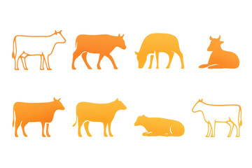 Minimalist cow silhouettes icons set – standing, grazing, lying, front view, side view. Flat icon set