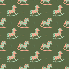 Fun and playful rocking horse pattern in pastel colors on a deep green background for childrens decor. Seamless background for packaging, printing on textiles