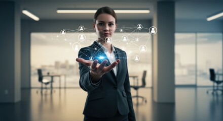 Network connection, Businesswoman in formal suit presenting global user network with digital interface representing connectivity, communication, strategy and professional social structure