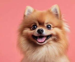 Brown pomeranian spitz dog on pink background with copy space