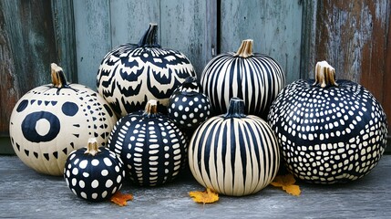 Pumpkins painted in black and white patterns for a unique Halloween vibe