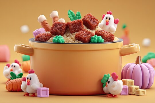 Cute Meal Illustration with Chicken, and Orange Background.