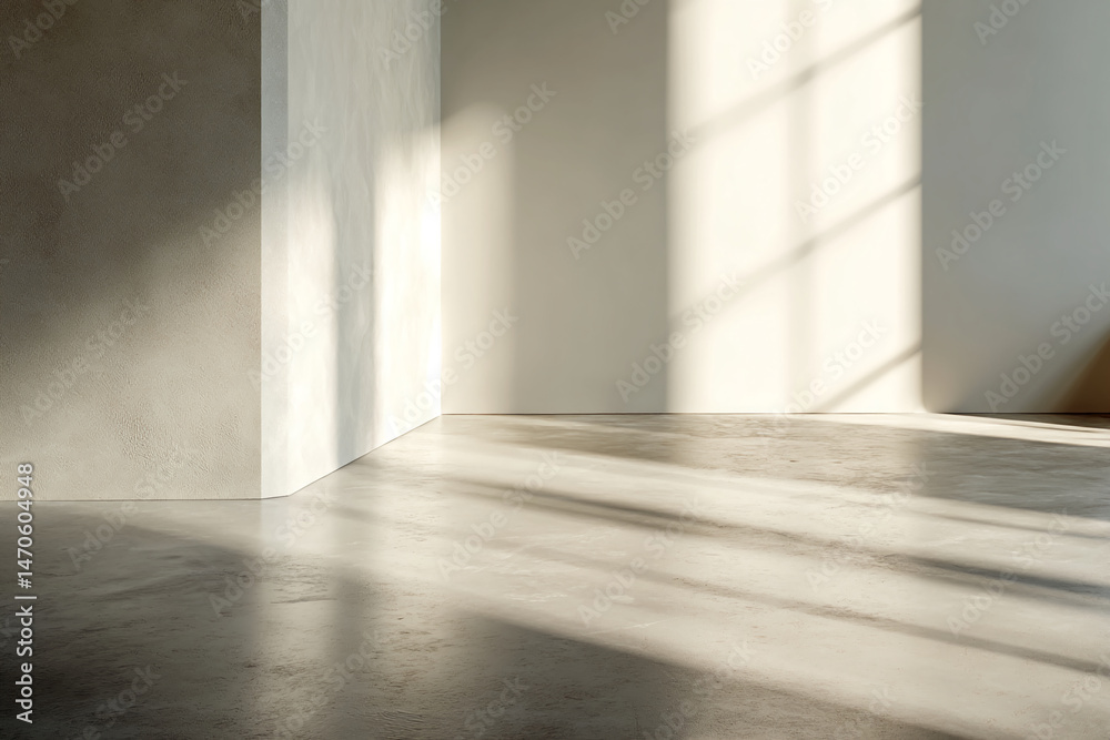 Poster beige wall and floor corner with sunlight casting shadows, showcasing minimalist interior design aes