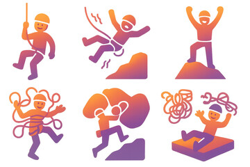 Animated climbing icons set – climber, ropes, peak, mountain, rappel, summit, bouldering, adventure, ascent. Flat icon set