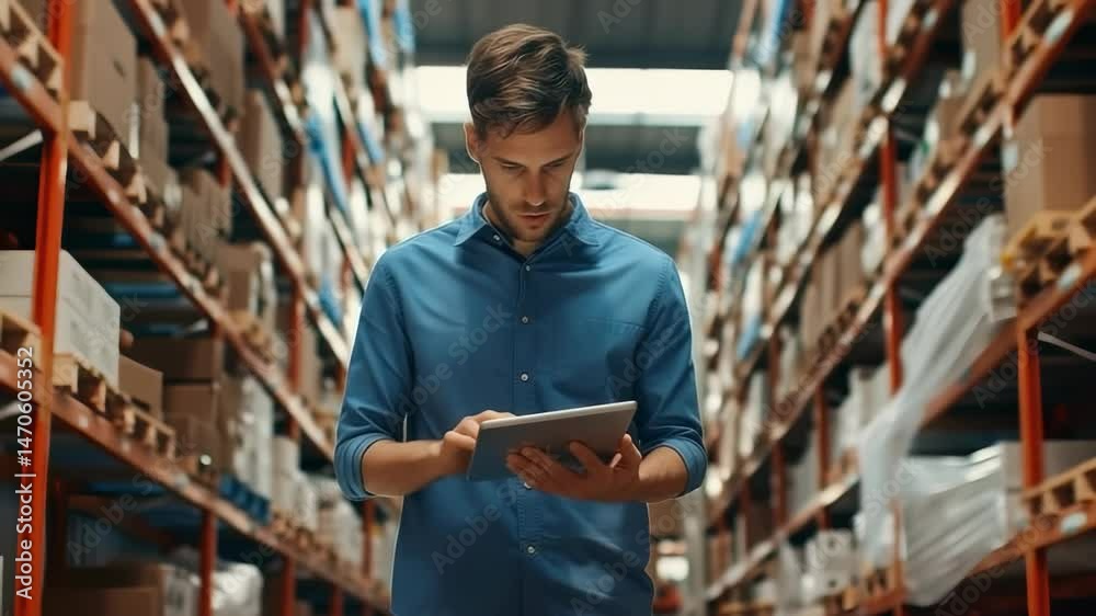 Poster Man in a blue shirt is working in a warehouse with a tablet to oversee inventory and logistics. The image captures the fast-paced environment of supply chain management within a storage facility.