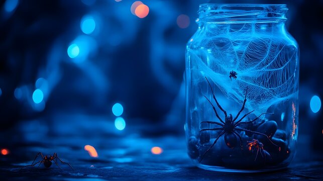 Mason jar with fake spider web and plastic insects for a spooky touch