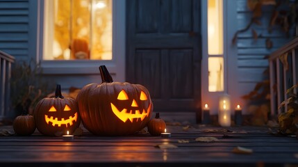 Fototapeta premium Pumpkins carved with scary faces arranged on a porch with candles