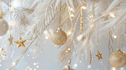 A close-up of elegant holiday decor featuring gold baubles and star ornaments suspended from feathery white branches. Soft bokeh lights add a festive glow to this serene seasonal scene. - Powered by Adobe