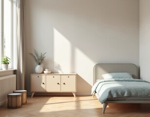 Modern child room interior design with empty wall for poster or picture. Bed, sideboard, cozy room design. Contemporary, minimalist, scandinavian style. Sunlight, nobody. Home decor.