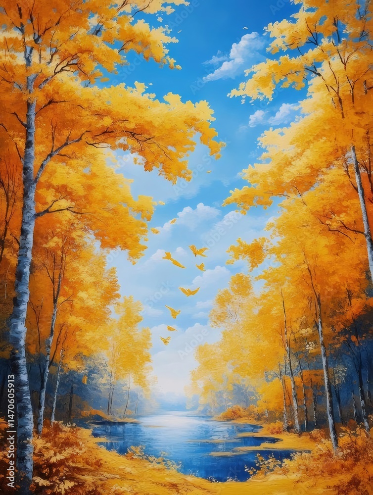 Poster 秋の風景 黄金色の木の葉と青い空が湖面に映る美しい森林 太陽光が差し込む穏やかな自然の風景