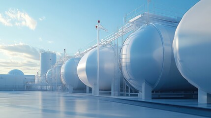 Obraz premium Modern Industrial Facility with Large Storage Tanks under Blue Sky