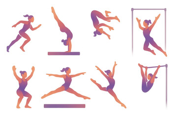 Artistic gymnastics silhouette icons set – balance beam, flips, jumps, rings, bars, dance. Flat icon set