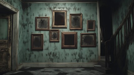 Empty picture frames filled with eerie images for a haunted house theme