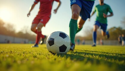 Obraz premium Soccer players in action during a match on a green field. Athletes run toward soccer ball, competitive game play at stadium. Active lifestyle. Outdoor sports activity. Football players on a sunny day.