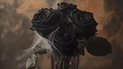 Black roses placed in a vase with fake cobwebs for a spooky floral arrangement