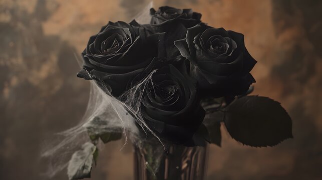 Black roses placed in a vase with fake cobwebs for a spooky floral arrangement