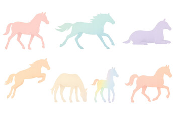 Pastel horse silhouette icons set – gallop, trot, canter, prance, rearing, standing, resting. Flat icon set