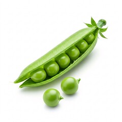 Opened green pea pod with peas inside isolated on white background.