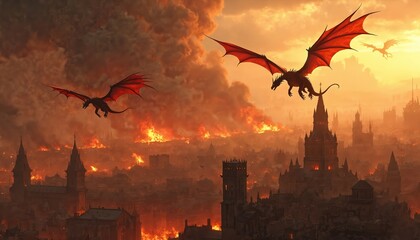 Dragons soar above medieval city engulfed fire. Fantasy illustration with dragons in sky, historical city landscape, dramatic epic scene, apocalypse concept. Ideal for book covers, game art, themed