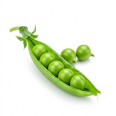 Opened green pea pod with peas inside isolated on white background.