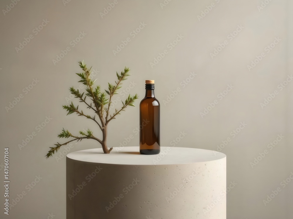 Poster ベージュ色の背景の上の円形のプラットフォームに置かれた茶色のボトルと緑の枝の静物画 展示プレゼンテーションのためのミニマリストの雰囲気
