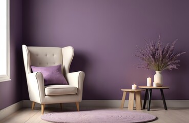 Modern minimalist living room design. Beige wing chair with purple pillow, small round side tables. Purple walls, candles, flowers, rug and window. Cozy apartment, farmhouse style interior.
