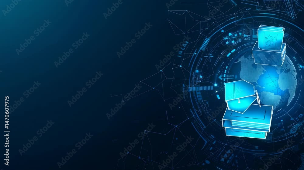 Aufkleber A digital rendering on a blue background with books and Earth icon inside abstract tech pattern and network, representing modern education, global learning, and innovative tech integration.