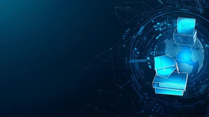 A digital rendering on a blue background with books and Earth icon inside abstract tech pattern and network, representing modern education, global learning, and innovative tech integration. - Powered by Adobe