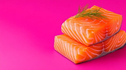 Fresh salmon fillet slices on vibrant pink background delicious healthy food raw eat fish diet meal