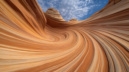 Sculpted sandstone formations create a wave-like pattern under sunny skies