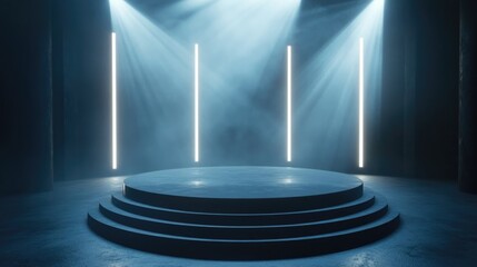 Dark Cinematic Stage with Neon Lights and Circular Platform