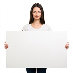 Young woman holding a large blank white poster isolated on white background.