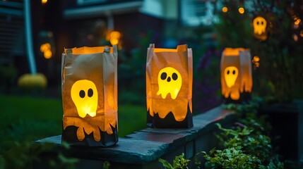 Spooky outdoor lanterns made from paper bags with ghostly cutouts