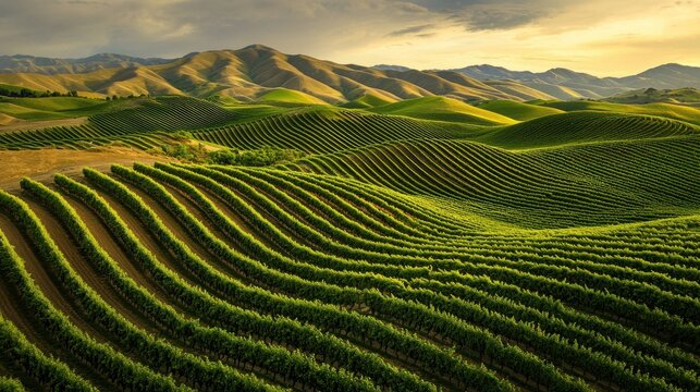 Rolling hills of verdant vineyards under a serene golden sky