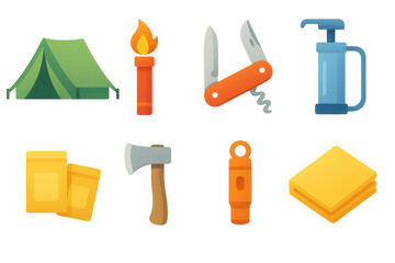 Essential survival gear icons set &ndash; tent, knife, flashlight, axe, water, food. Flat icon set