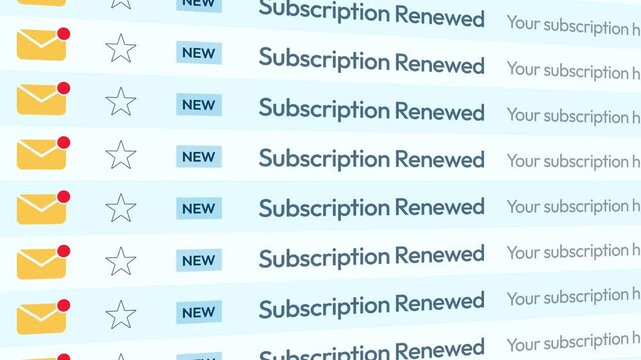 Subscription Renewed emails scrolling on the screen 4k animation. Business, renew, subscription, mail