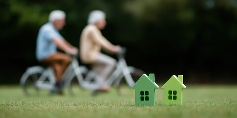 Miniature houses with elderly cyclists in background