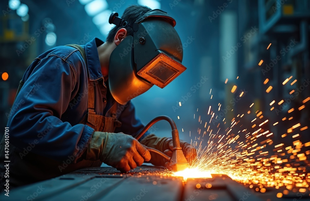 Poster welder working metal with arc welding machine in factory. sparks fly. man wearing protective helmet 