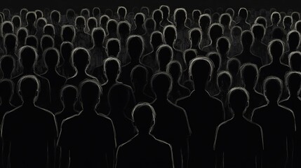 Obraz premium Large crowd of anonymous people dark silhouettes sketch style illustration art mass many group black