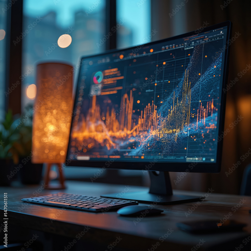 Aufkleber Computer screen displays data visuals. Financial charts graphs, data analysis with glowing dots and lines on desktop. Modern tech, business finance, stats analysis, digital transformation.