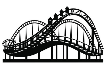 Silhouette shows a looping black and white coaster structure reaching to the sky