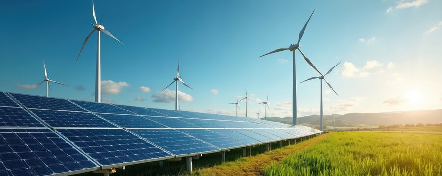 Solar panels and wind turbines generate clean energy. Sustainable eco-friendly tech on field, blue sky background. Alternative power windmills with solar batteries for electricity.