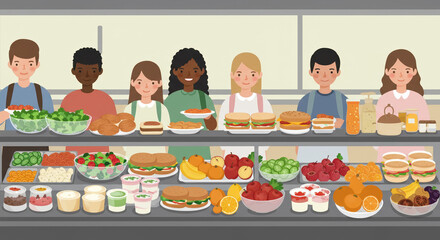Diverse students enjoying lunch in school cafeteria  