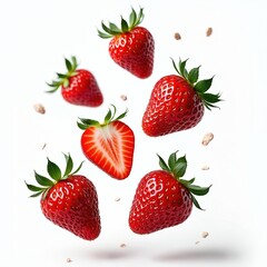 Fresh ripe strawberries falling on white background. Healthy organic summer berries, slices, seeds in the air. Dessert, food, fruit for product promotion. Creative food composition, levitation.