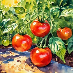 Watercolor tomatoes. Illustration of a tomatoes on a garden bed.