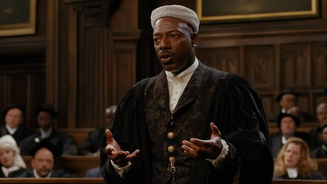 A lawyer passionately presents arguments in a court setting, surrounded by attentive audience members.