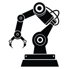 Monochrome illustration shows a mechanical arm equipped with clawlike grippers against a transparent backdrop